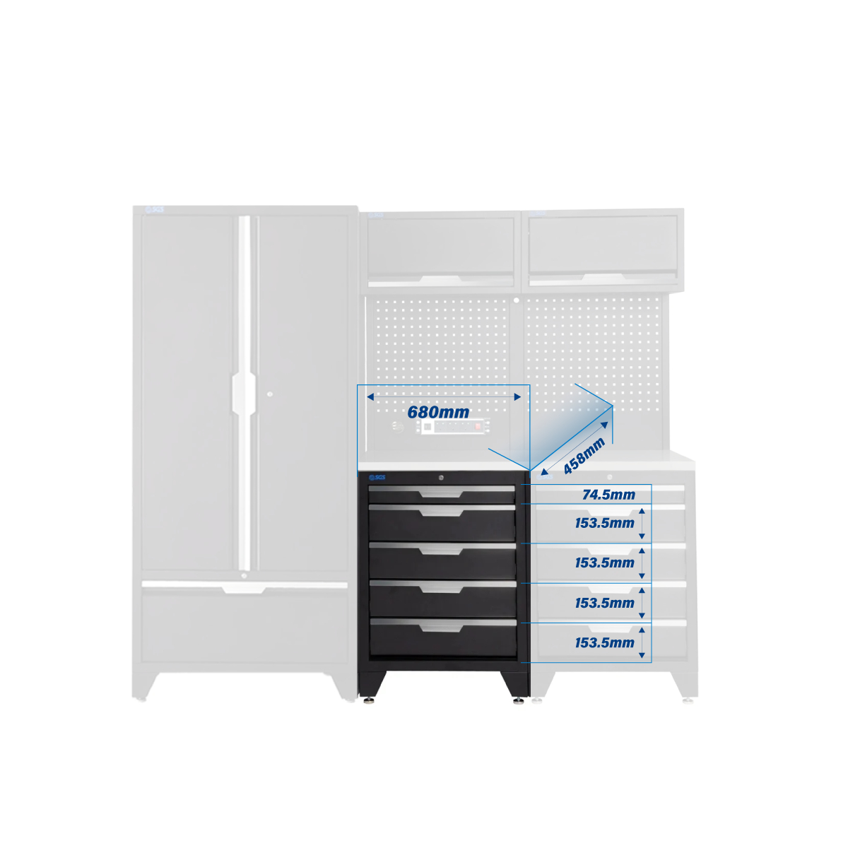 SGS 7pc Modular Garage Storage | 10 Drawers | Stainless Steel Worktop | 2x Upper Cabinets | Tall Double Cabinet | Tall Double Cabinet with Drawer | Pegboard with Power Strip